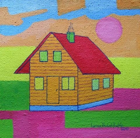 Obraz: „Bajkowy domek”, Olej na płótnie jutowym, autor: Lucyna Pawlak (Lu), 2010