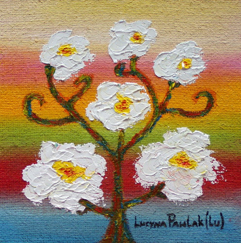 Painting: "White poppy 2", Olej na płótnie jutowym, author: Lucyna Pawlak (Lu), 2008