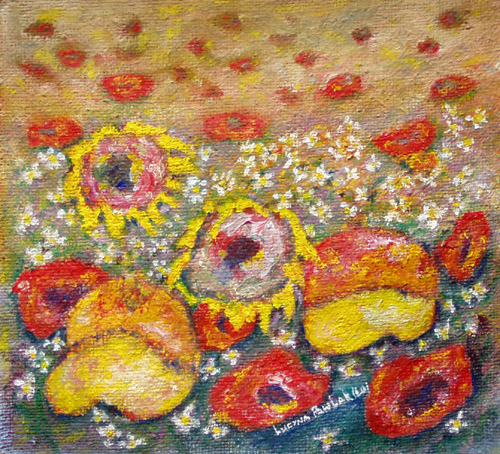 Painting: "Floweres and pumpkins", Olej na płótnie jutowym, author: Lucyna Pawlak (Lu), 2007