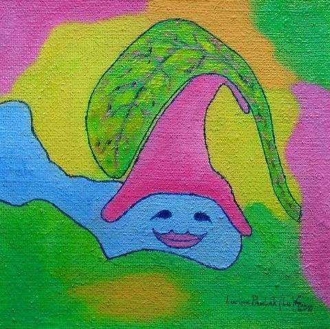 Obraz: „Gąsienica w różowym kapturku”, Olej na płótnie jutowym, autor: Lucyna Pawlak (Lu), 2010