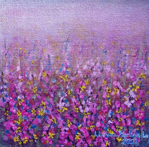 Painting: "Walking on heather in fog", Olej na płótnie jutowym, author: Lucyna Pawlak (Lu), 2008