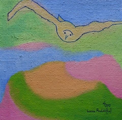 Painting: "Coming bird", Olej na płótnie jutowym, author: Lucyna Pawlak (Lu), 2010