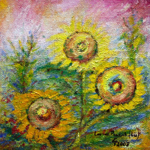 Painting: "Three sunflowers", Olej na płótnie jutowym, author: Lucyna Pawlak (Lu), 2008