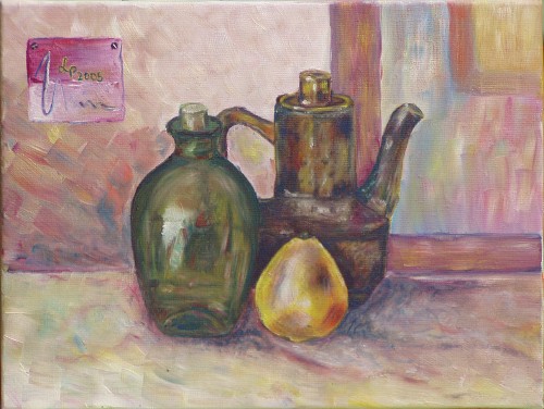 Painting: "Green bottle", Oil, author: Lucyna Pawlak (Lu), 2005